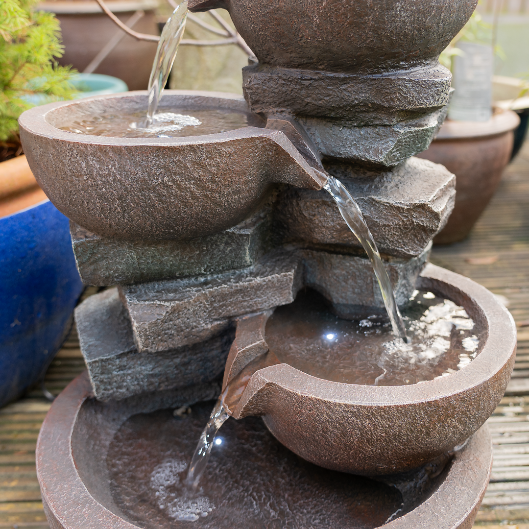 Four-Tier Cascading Bowl Water Feature with LED Lights