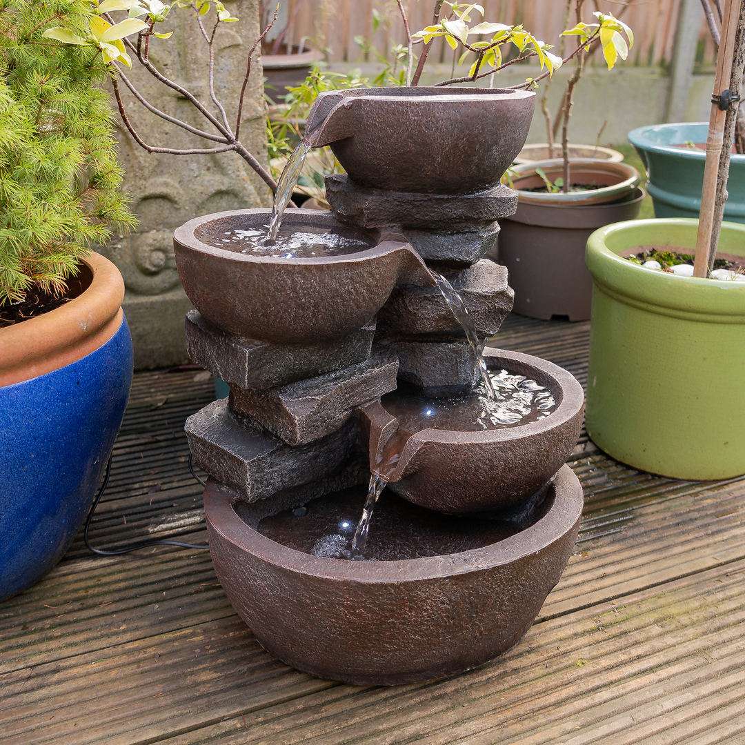 Four-Tier Cascading Bowl Water Feature with LED Lights